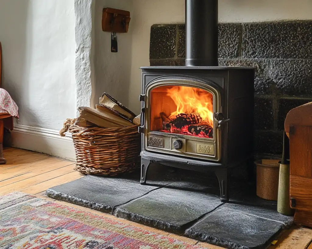 A wood buring stove in a cosy cottage