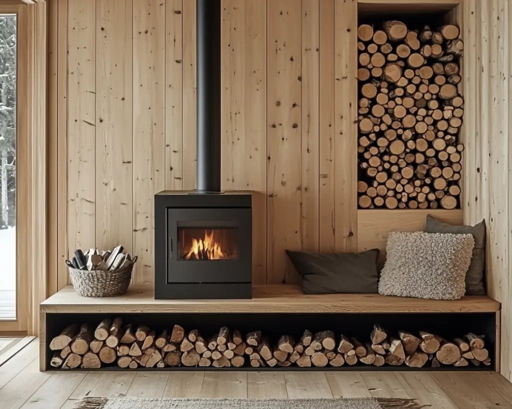 A wood buning stove with storage for logs in the walls
